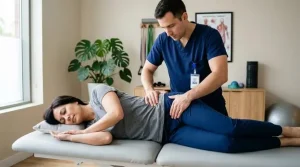Paciente de 45 anos recebendo terapia manual para dor lombar e glútea de um fisioterapeuta em uma clínica moderna.