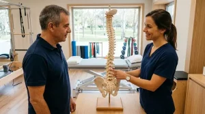 Fisioterapeuta explica a um paciente a importância da coluna lombar usando um modelo anatômico em uma clínica moderna.