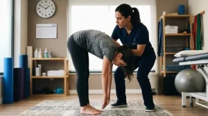 Fisioterapeuta e adolescente realizando o Teste de Adams para avaliação da coluna vertebral.