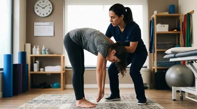 Fisioterapeuta e adolescente realizando o Teste de Adams para avaliação da coluna vertebral.